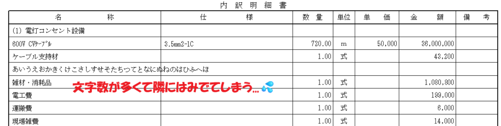 EstimaCityで見積もりを印刷した時に、文字が長すぎて隣の部分にはみ出してしまっている状態の画像