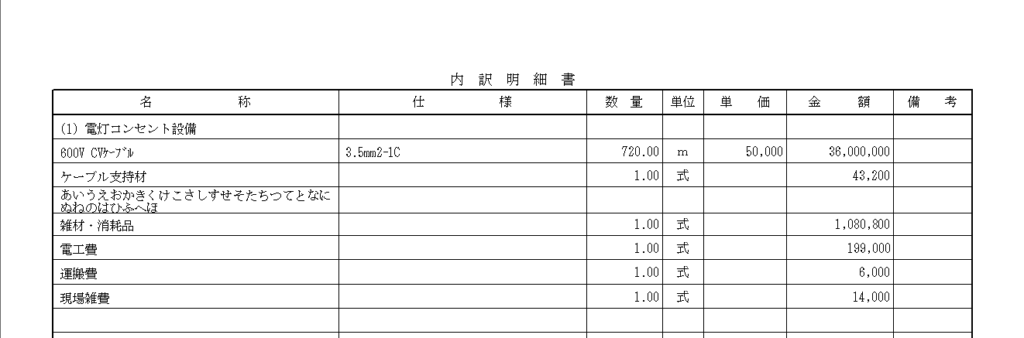 EstimaCityのDAレポートで、文字の自動折り返し設定が行われているとどのような状態の見積になるのかを示す画像