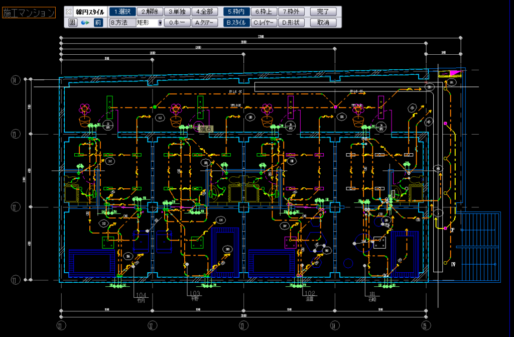 CADCityの線円スタイルコマンドで、選択された緑色の配線のみがオレンジ色に変更された状態の画像