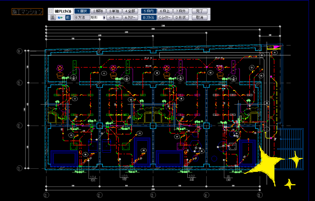 CADCityの線円スタイルコマンドの「4.全部」をクリックして、スタイルの条件が設定されているために緑色の配線のみが選択されている状態の画像