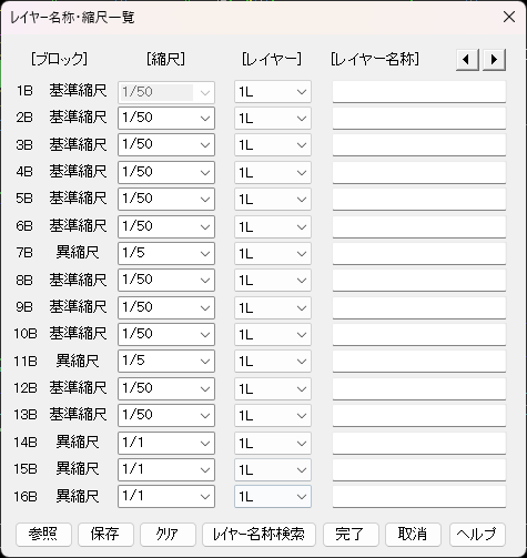 CADCityのレイヤーパネルの「縮尺」をクリックすると表示される「レイヤー名称・縮尺一覧」の画面