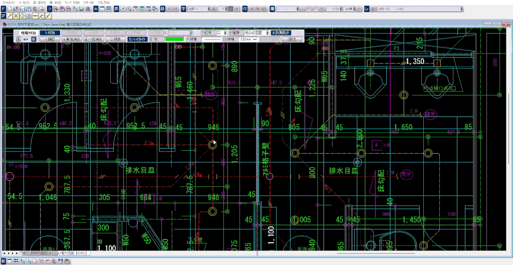 究極のhiroiで、JW_Cad図面から照明器具やコンセントを拾い出しているところのgif。図面上のシンボルの上に記号を置いている。