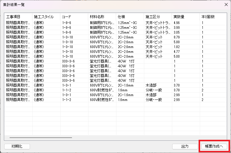 究極のhiroiの情報出力コマンドで、任意のモードをクリックしたときに表示される集計結果の画面。「帳票作成へ」がどの部分にあるかを示している。