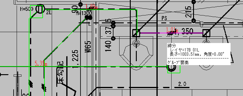 究極のhiroiの付加情報の「B.一括消去」と「2.枠指定」がオンになっている状態で、削除したい配線や照明器具の情報が付加されている線・記号をクリックしているところの画面