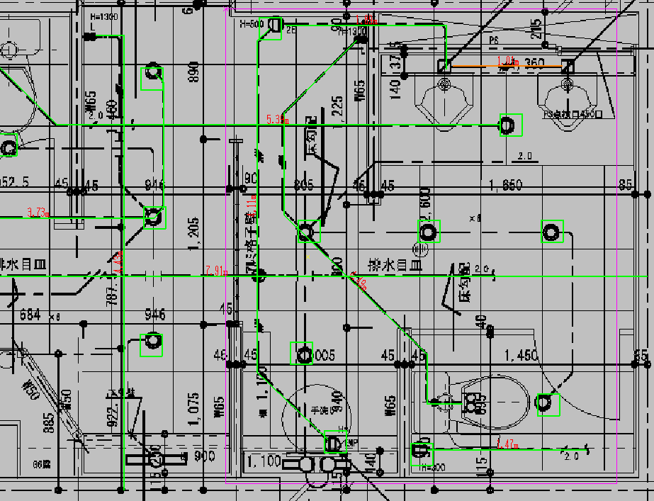 究極のhiroiの付加情報の「B.一括消去」と「2.枠指定」がオンになっている状態で、削除したい配線や照明器具の情報が付加されている線・記号をクリックしたあと、削除の適用範囲を枠で囲っているところの画面