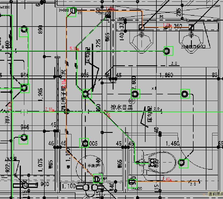 究極のhiroiの付加情報の「B.一括消去」と「2.枠指定」がオンになっている状態で、選択した材料が付加されている範囲内の線・記号がすべて選択されて色が変わっている状態の画面