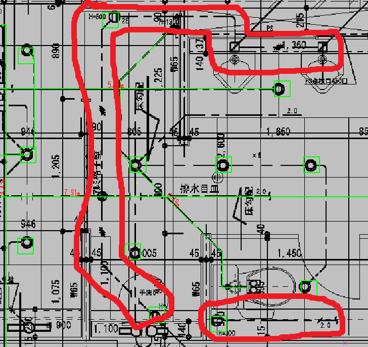 究極のhiroiの付加情報の「B.一括消去」と「2.枠指定」がオンになっている状態で、選択された範囲内にある特定の情報が付加された線・記号が削除されている状態の画面