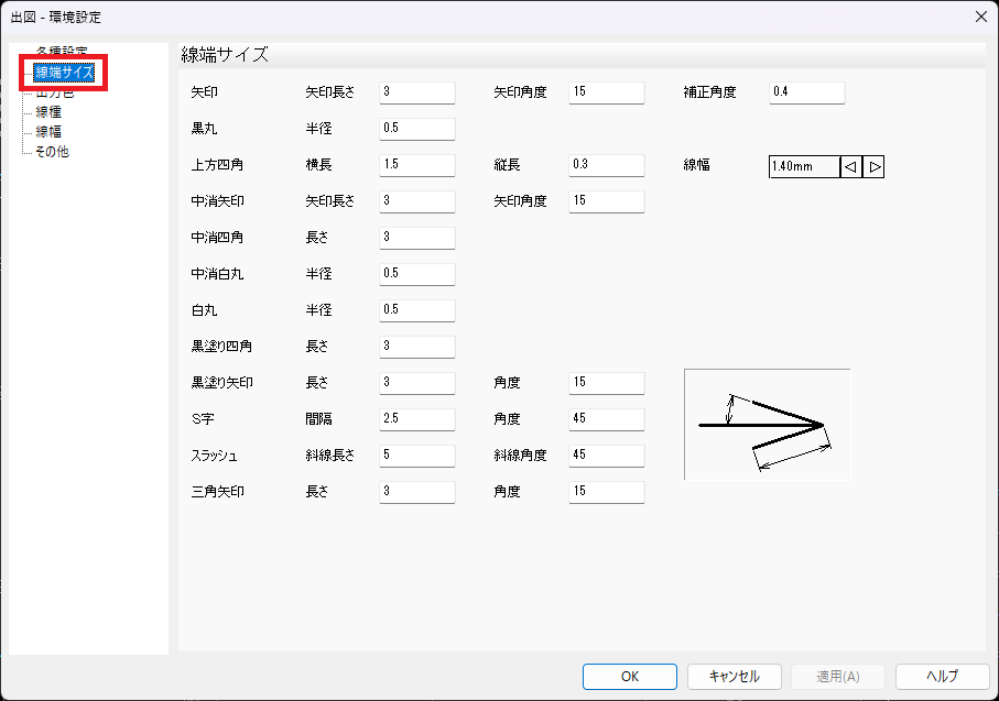 CADCityの出図の環境設定画面で、「各種設定」の中にある「線端サイズ」がどの部分にあるのかを示している画面