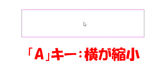 CADCityのRastyリンクの移動で、変換・描画の設定画面で「変換」の部分を「縦横変形」にした場合、選択した部分が「A」キーを押すと横が縮小、「S」キーを押すと横が拡大することを示しているgif