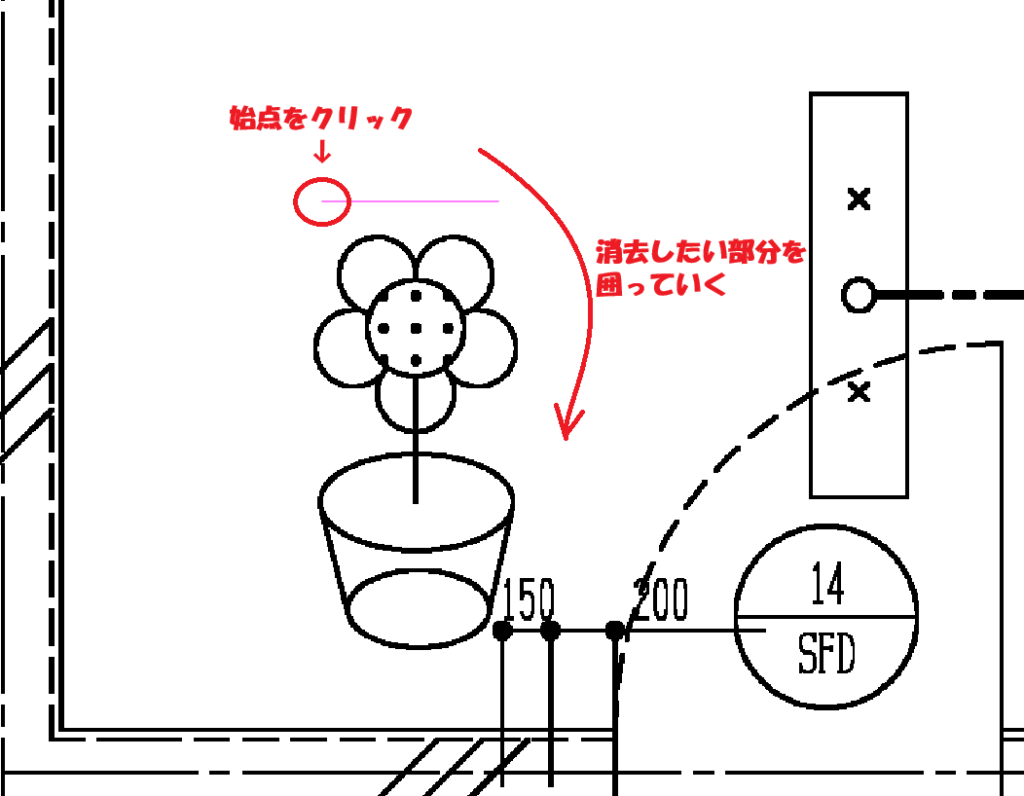 CADCityのRastyリンク画面で、PDFの中の複雑な形をしている消去したい部分を枠で囲っていこうとしているところの画面