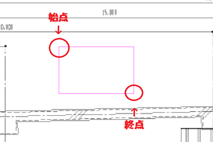 Rastyリンクの四角コマンドで、作図したい四角形の始点と終点を指定しているところの画面