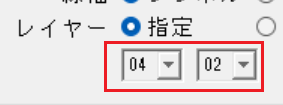 CADCityのシンボル配置で、シンボル配置設定の画面でレイヤーを「指定」にし、どの部分でレイヤーを設定するかを拡大で示している。