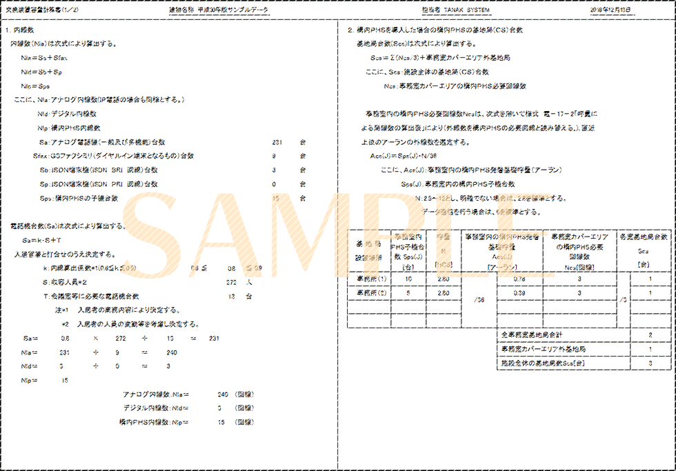 「交換装置容量計算書(1/2)」印刷サンプル（E-Calc 平成30年版）