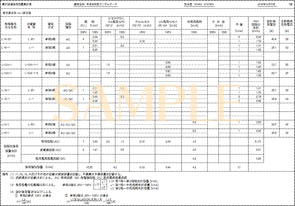 電灯設備負荷容量集計表 - E-Calc 平成30年版/電気設備設計計算ソフト